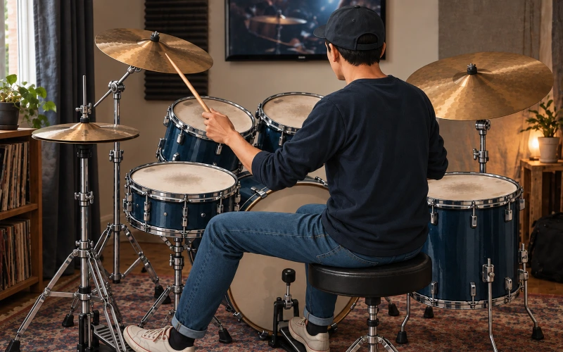 Drummer watching a film at home